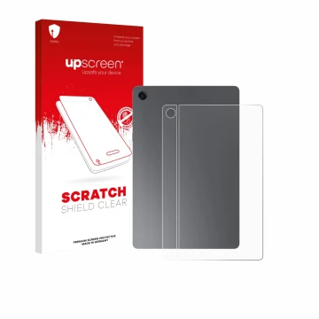 Parte frontal de un envase de producto con el logotipo de la marca upscreen. Al lado se muestra el dispositivo Samsung Galaxy 