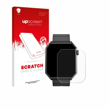 Parte frontal de un envase de producto con el logotipo de la marca upscreen. Al lado se muestra el dispositivo Rollme Edge con