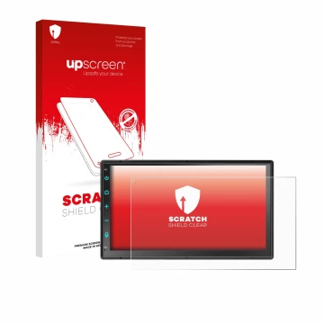 Parte frontal de un envase de producto con el logotipo de la marca upscreen. Al lado se muestra el dispositivo Atoto F7 WE F7G