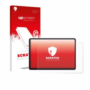 Parte frontal de un envase de producto con el logotipo de la marca upscreen. Al lado se muestra el dispositivo Huawei MatePad 