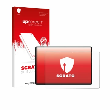 Parte frontal de un envase de producto con el logotipo de la marca upscreen. Al lado se muestra el dispositivo Huawei MatePad 