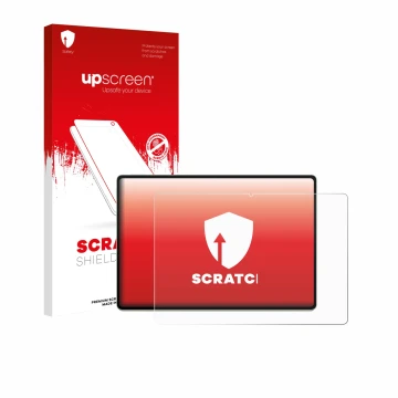 Parte frontal de un envase de producto con el logotipo de la marca upscreen. Al lado se muestra el dispositivo Huawei MatePad 
