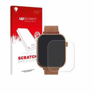Parte frontal de un envase de producto con el logotipo de la marca upscreen. Al lado se muestra el dispositivo Techmade M-GLAM