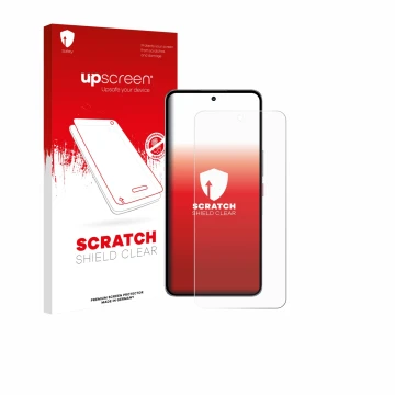 Parte frontal de un envase de producto con el logotipo de la marca upscreen. Al lado se muestra el dispositivo Nubia Neo 3 GT 