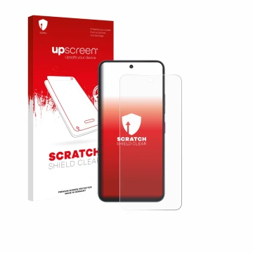Parte frontal de un envase de producto con el logotipo de la marca upscreen. Al lado se muestra el dispositivo Telekom T Phone