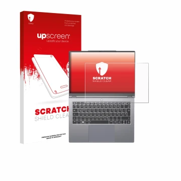 Parte frontal de un envase de producto con el logotipo de la marca upscreen. Al lado se muestra el dispositivo Tuxedo Infinity
