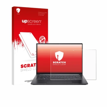 Parte frontal de un envase de producto con el logotipo de la marca upscreen. Al lado se muestra el dispositivo Acer Swift X 14