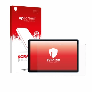 Parte frontal de un envase de producto con el logotipo de la marca upscreen. Al lado se muestra el dispositivo Itel VistaTab 3