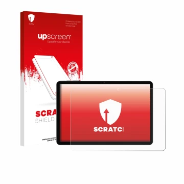 Parte frontal de un envase de producto con el logotipo de la marca upscreen. Al lado se muestra el dispositivo Pritom M10 TAB 
