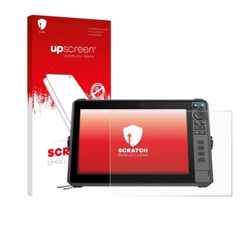 Parte frontal de un envase de producto con el logotipo de la marca upscreen. Al lado se muestra el dispositivo Lowrance HDS-12