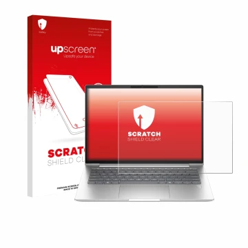 Parte frontal de un envase de producto con el logotipo de la marca upscreen. Al lado se muestra el dispositivo HP ProBook 4 G1