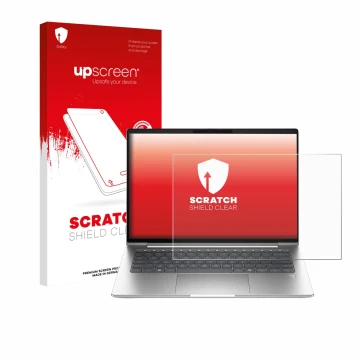 Parte frontal de un envase de producto con el logotipo de la marca upscreen. Al lado se muestra el dispositivo HP ProBook 4 G1
