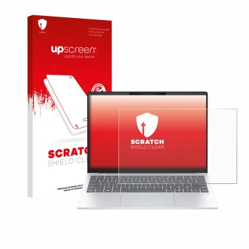 Parte frontal de un envase de producto con el logotipo de la marca upscreen. Al lado se muestra el dispositivo HP OmniBook 7 A