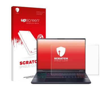 Parte frontal de un envase de producto con el logotipo de la marca upscreen. Al lado se muestra el dispositivo Acer Predator H