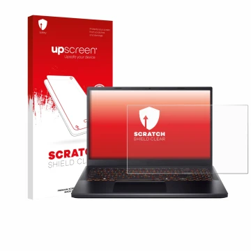 Parte frontal de un envase de producto con el logotipo de la marca upscreen. Al lado se muestra el dispositivo Acer Nitro V 15