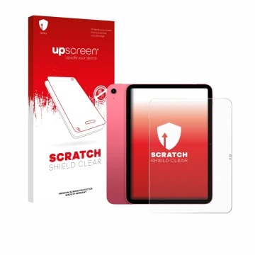 Parte frontal de un envase de producto con el logotipo de la marca upscreen. Al lado se muestra el dispositivo Apple iPad A16 