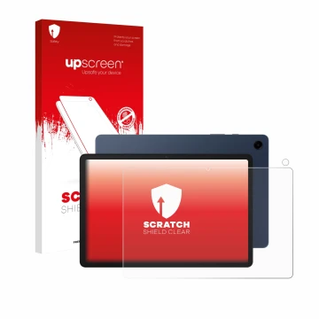 Parte frontal de un envase de producto con el logotipo de la marca upscreen. Al lado se muestra el dispositivo Samsung Galaxy 