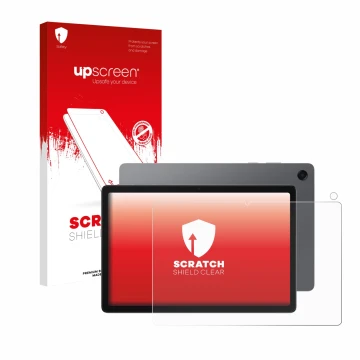 Parte frontal de un envase de producto con el logotipo de la marca upscreen. Al lado se muestra el dispositivo Samsung Galaxy 