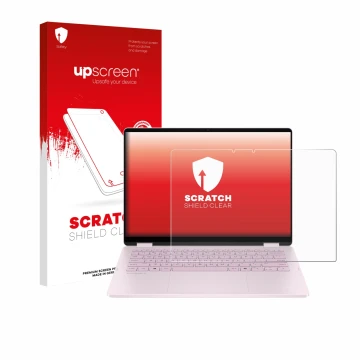 Parte frontal de un envase de producto con el logotipo de la marca upscreen. Al lado se muestra el dispositivo HP OmniBook 5 F