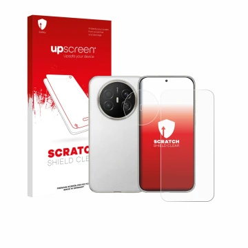 Parte frontal de un envase de producto con el logotipo de la marca upscreen. Al lado se muestra el dispositivo Huawei Mate 70 