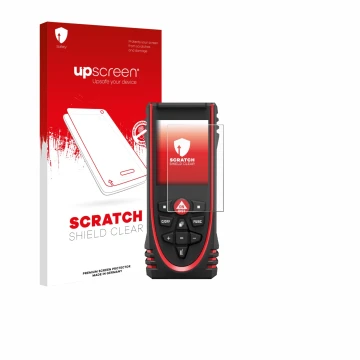 Parte frontal de un envase de producto con el logotipo de la marca upscreen. Al lado se muestra el dispositivo Leica DISTO X3 