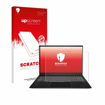 Parte frontal de un envase de producto con el logotipo de la marca upscreen. Al lado se muestra el dispositivo MSI Summit A16 