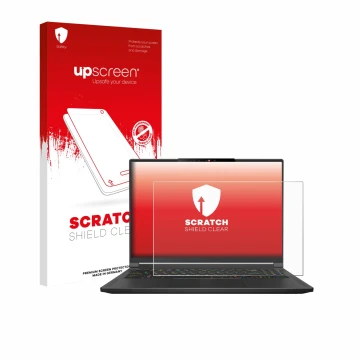 Parte frontal de un envase de producto con el logotipo de la marca upscreen. Al lado se muestra el dispositivo MSI Stealth A16