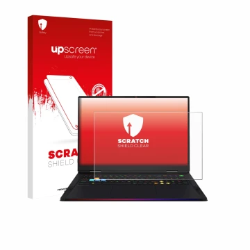 Parte frontal de un envase de producto con el logotipo de la marca upscreen. Al lado se muestra el dispositivo MSI Raider A18 