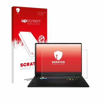 Parte frontal de un envase de producto con el logotipo de la marca upscreen. Al lado se muestra el dispositivo MSI Vector A18 
