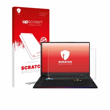 Parte frontal de un envase de producto con el logotipo de la marca upscreen. Al lado se muestra el dispositivo MSI Raider 18 H