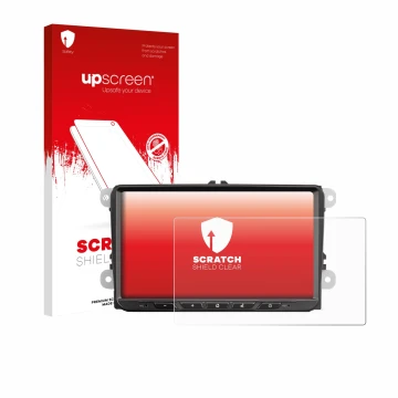 Parte frontal de un envase de producto con el logotipo de la marca upscreen. Al lado se muestra el dispositivo Zenec Z-E2065 c