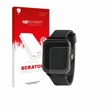 Parte frontal de un envase de producto con el logotipo de la marca upscreen. Al lado se muestra el dispositivo Sector Smartwat
