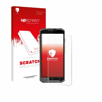 Parte frontal de un envase de producto con el logotipo de la marca upscreen. Al lado se muestra el dispositivo Newland MT93 co