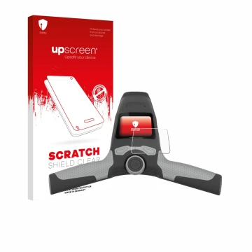 Parte frontal de un envase de producto con el logotipo de la marca upscreen. Al lado se muestra el dispositivo PowaKaddy FW5s 