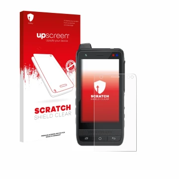 Parte frontal de un envase de producto con el logotipo de la marca upscreen. Al lado se muestra el dispositivo Uniwa F400 con 