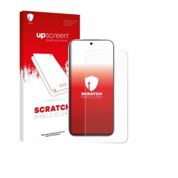 Parte frontal de un envase de producto con el logotipo de la marca upscreen. Al lado se muestra el dispositivo Xiaomi Poco F8 