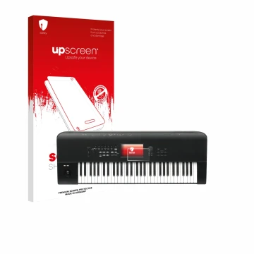 Parte frontal de un envase de producto con el logotipo de la marca upscreen. Al lado se muestra el dispositivo KORG Nautilus 6