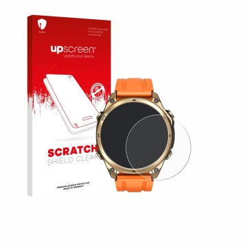 Parte frontal de un envase de producto con el logotipo de la marca upscreen. Al lado se muestra el dispositivo Doogee Anywise 