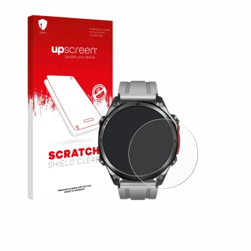 Parte frontal de un envase de producto con el logotipo de la marca upscreen. Al lado se muestra el dispositivo Doogee Anywise 