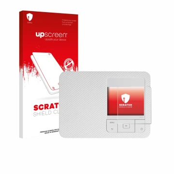 Parte frontal de un envase de producto con el logotipo de la marca upscreen. Al lado se muestra el dispositivo Canon Selphy CP