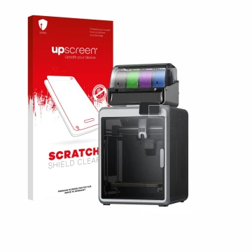 Parte frontal de un envase de producto con el logotipo de la marca upscreen. Al lado se muestra el dispositivo Creality K2 con