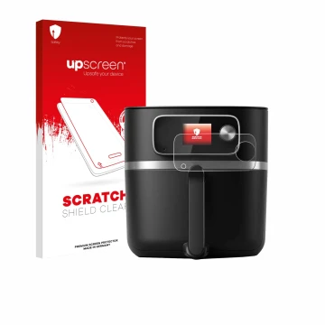 Parte frontal de un envase de producto con el logotipo de la marca upscreen. Al lado se muestra el dispositivo Philips Airfrye