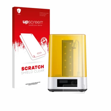 Parte frontal de un envase de producto con el logotipo de la marca upscreen. Al lado se muestra el dispositivo Anycubic Wash &