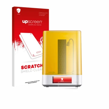 Parte frontal de un envase de producto con el logotipo de la marca upscreen. Al lado se muestra el dispositivo Anycubic Wash &