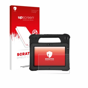Parte frontal de un envase de producto con el logotipo de la marca upscreen. Al lado se muestra el dispositivo Zebra XPad L10a