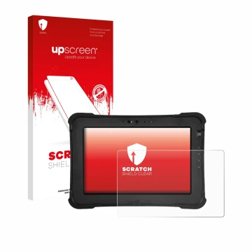 Parte frontal de un envase de producto con el logotipo de la marca upscreen. Al lado se muestra el dispositivo Zebra XSlate L1
