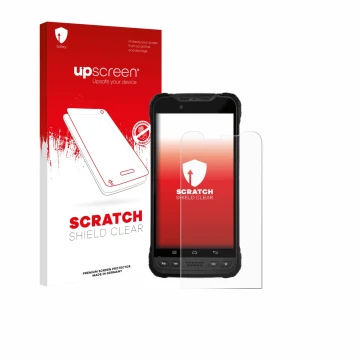 Parte frontal de un envase de producto con el logotipo de la marca upscreen. Al lado se muestra el dispositivo Zebra Xplore M6