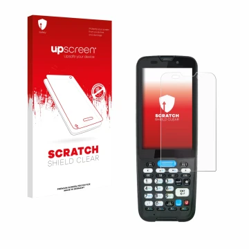 Parte frontal de un envase de producto con el logotipo de la marca upscreen. Al lado se muestra el dispositivo Unitech HT330 c