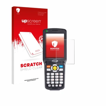 Parte frontal de un envase de producto con el logotipo de la marca upscreen. Al lado se muestra el dispositivo Unitech HT510 c