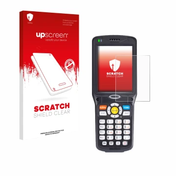 Parte frontal de un envase de producto con el logotipo de la marca upscreen. Al lado se muestra el dispositivo Unitech HT510A 